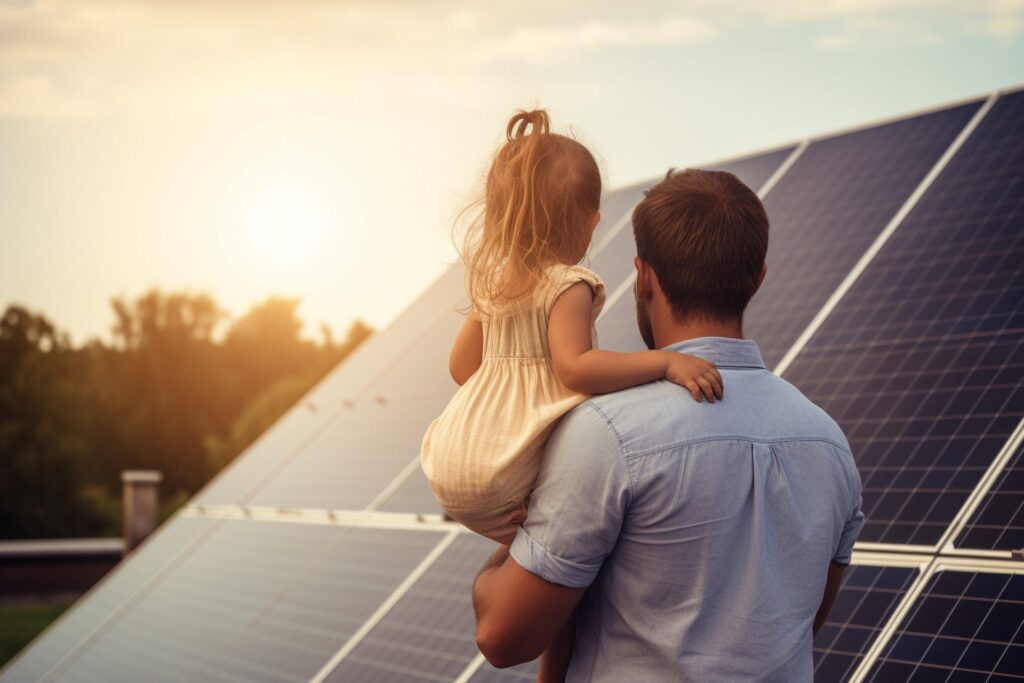 A father and daughter looking at a solar panel for solar pv repairs.