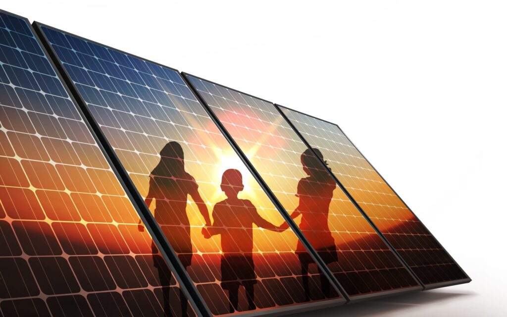 Reminiscent of the solar power schools in Ireland, kids playing in the sun reflected in solar panels.